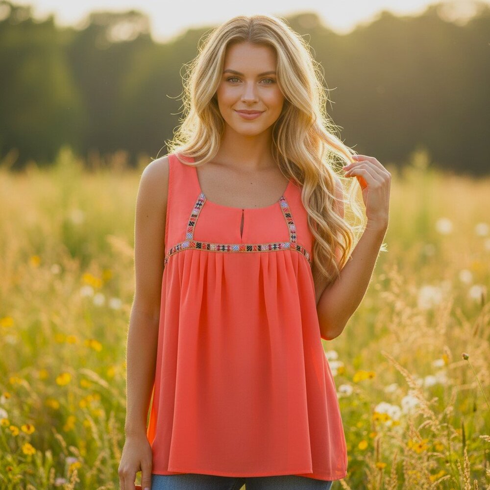 On Twelfth M Tank Top Coral Orange‎ Embellished Keyhole Boho Chic Flowy Women's